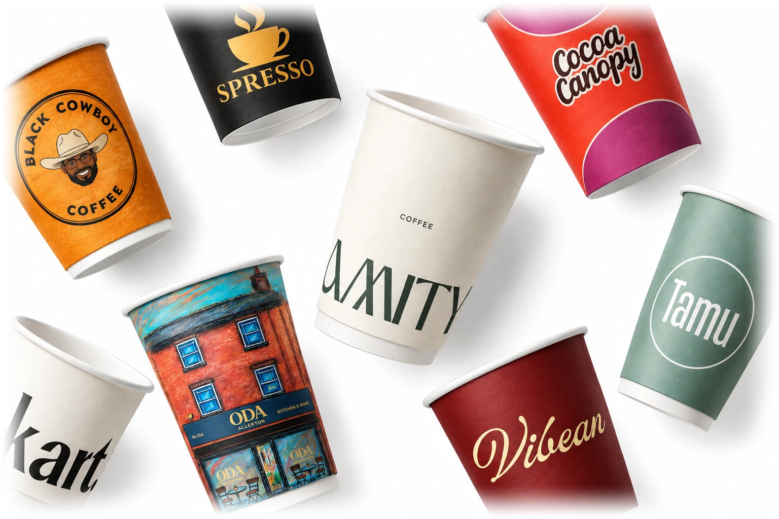 Nine custom-printed paper cups scattered on a white surface, each carrying a different café's design
